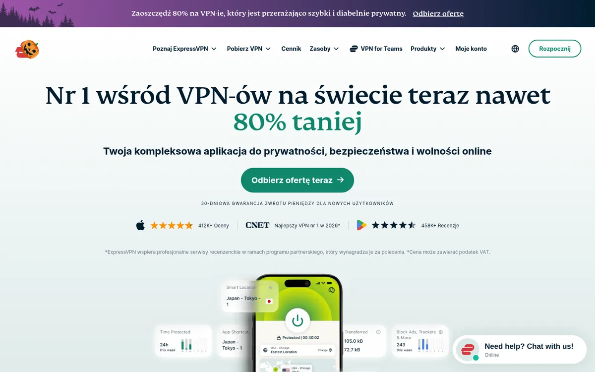 Strona główna ExpressVPN z aplikacjami na telefon i komputer