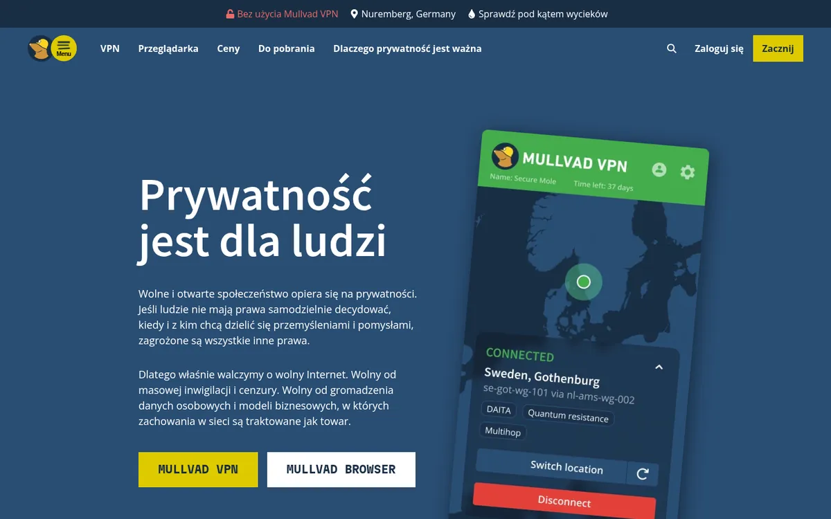 Strona główna Mullvad na komputerze – w teście: najlepszy VPN w Polsce