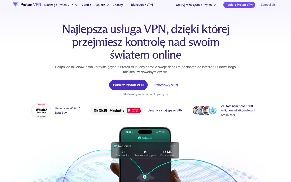 Strona główna Proton VPN, szwajcarskiej usługi z naszego rankingu
